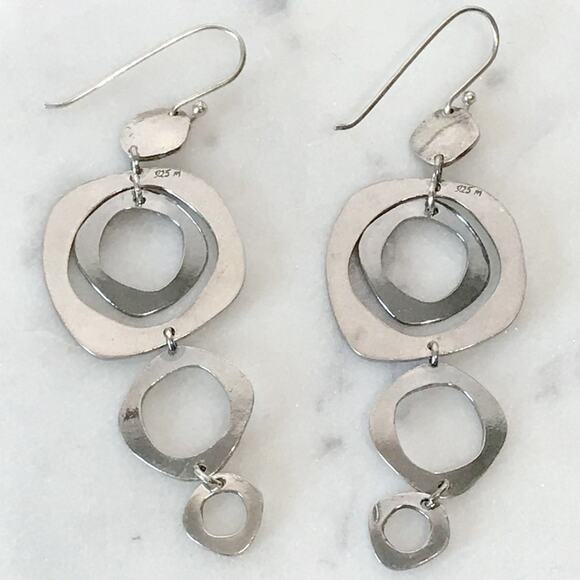 Signed M Sterling Silver 3in Long Dangle Drop Hammered Abstract Circle Earrings - Picture 10 of 14